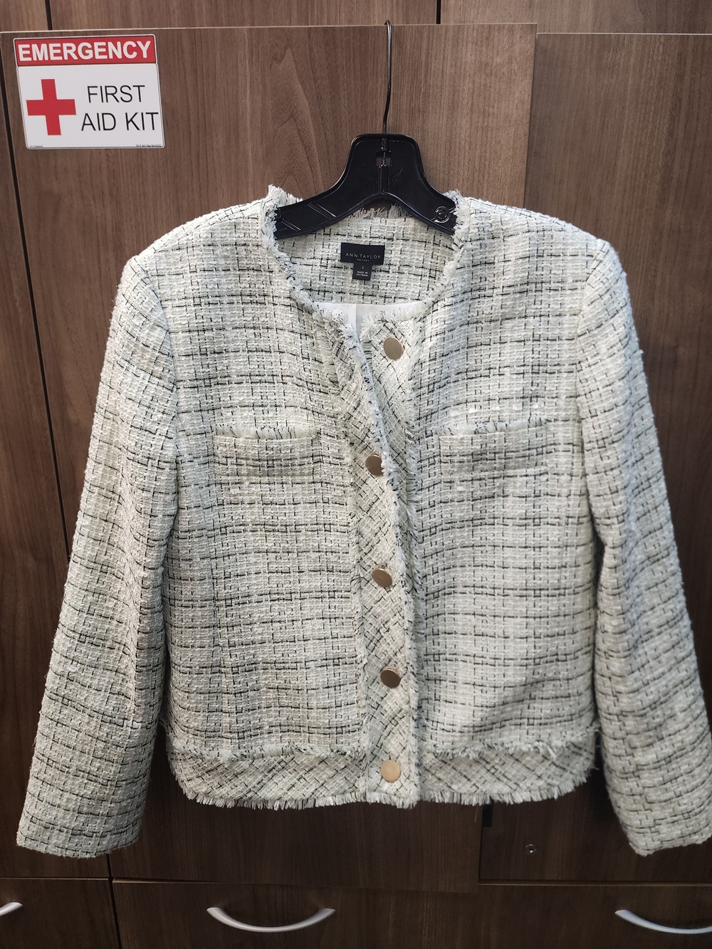 Ann Taylor Ivory and Black Tweed Frayed-Trim Blazer
